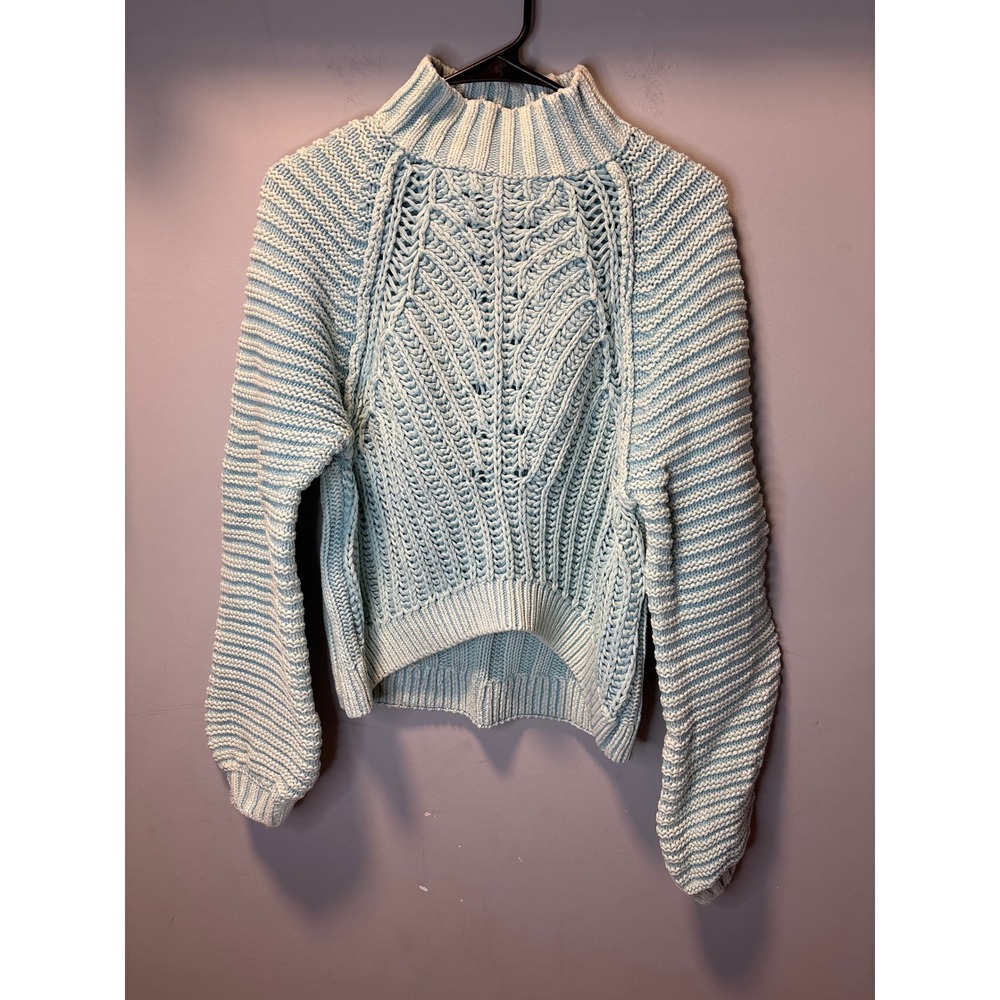Free People On A Cloud Light Blue Chunky Cotton Knit Mock Neck Sweater Ovrsized